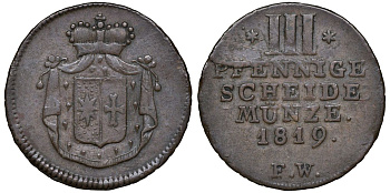 Вальдек 3 пфеннига 1819 FW, Георг II (1813-1845) KM 96a медь    1531-1315
