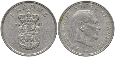 Дания 1 крона 1962 C; S, Фредерик IX (1947-1972) KM 851 медно-никель 113-853