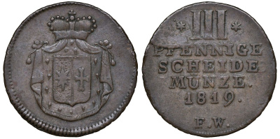 Вальдек 3 пфеннига 1819 FW, Георг II (1813-1845) KM 96a медь    1531-1315