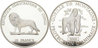 Конго 10 франков 2000 горные гориллы KM 161 серебро PROOF 00-00