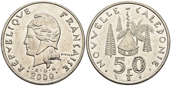 Французская Новая Каледония 50 франков 2000 хижина среди сосен и пальм, (IEOM) KM 13, Schoen 15, Lec 121 никель 4123-846