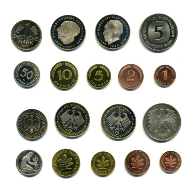 ФРГ набор из 9 монет 1977 D (1, 2, 5, 10, 50 пфеннигов, 1, 2, 2, 5 марок) PROOF N5-22