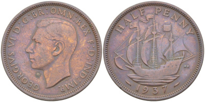 Великобритания 1/2 пенни 1937 Георг VI (1936-1952) KM 844, Spink 4115 бронза 4539-224
