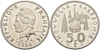 Французская Новая Каледония 50 франков 2000 хижина среди сосен и пальм, (IEOM) KM 13, Schoen 15, Lec 121 никель 4123-846