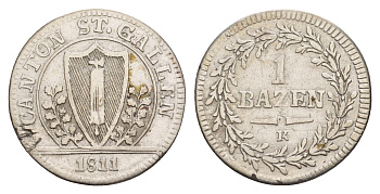 Швейцарские Кантоны, Санкт-Галлен 1 батцен = 10 раппенов 1811 KM 110 серебро 650-1131