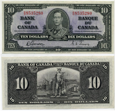 КАНАДА 10 ДОЛЛАРОВ 1937 ГЕОРГ VI, ПОДПИСЬ GORDON-TOWERS, BABNC Pick 61b бумага аUNC 000-000-00
