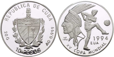 Куба 10 песо 1992 чемпионат мира по футболу В США 1994 года, тонкий текст KM 458.2 серебро PROOF 00-000-00