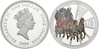 Острова Кука 1 доллар 2004 150 лет компании Cobb & Co, цветная эмаль KM 1146 серебро PROOF 7-5-5-32