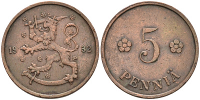 Финляндия 5 пенни 1932 KM 22 медь 96-432