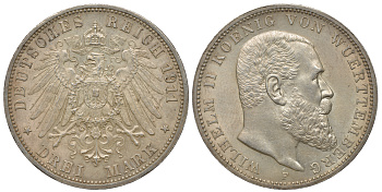 Вюртемберг 3 марки 1911 F, Вильгельм II (1891-1918) Weege 171, J. 175, KM 635 серебро UNC 413-1011