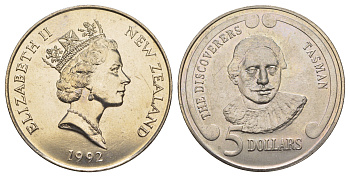 Новая Зеландия 5 долларов 1992 Первооткрыватели - Абел Тасман KM 84 медно-никель BU 5010-1321