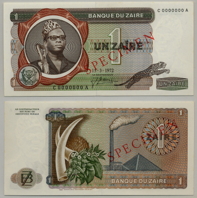 Заир 1 заир 1972 Мобуту Сесе Секо, бивни слона, фабрика. Образец, Specimen Pick 18 a s бумага aUNC 6279-13-3-1