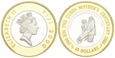 Фиджи 10 долларов 2000 100 лет со дня рождения Королевы-матери KM 91 биметалл (серебро) 11-168-23