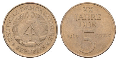 ГДР 5 марок 1969 А, 20 лет ГДР KM 22.1, J. 1524 никель бронза 3459-813