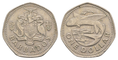 Барбадос 1 доллар 1973 летучая рыба KM 14.1 медно-никель 4637-316