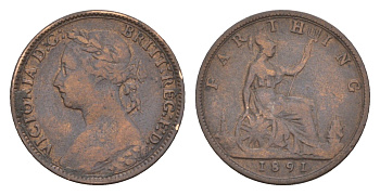 Великобритания 1 фартинг 1891 Виктория (1837-1901) KM 753, Spink 3958 бронза 4658-932