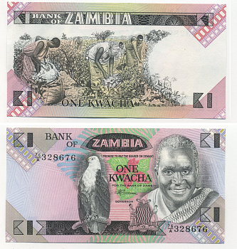Замбия 1 квача ND (1980-88) Кеннет Каунда, сбор хлопка, подпись Phiri Pick 23 b бумага UNC (пресс) 7204-26-2