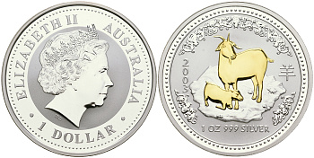 Австралия 1 доллар 2003 восточный календарь, год козы KM 665a серебро, позолота PROOF 11-083-32