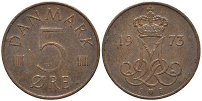 Дания 5 эре 1973 S; B, Маргрете II (1972- ) KM 859.1 железо плакированное медью 116-143