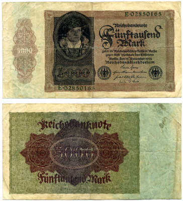 Германия 5000 марок 1922 19 ноября 1922, выпуск (ЯНВАРЬ 1923-5 июля 1925), серия Е 02850165 Pick 78, Роземберг 77 бумага 7457-10-2-2