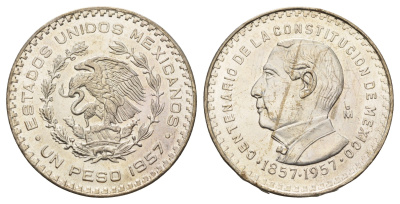 Мексика 1 песо 1957 100 лет Конституции Мексики KM 458 серебро UNC 413-834