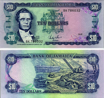 Ямайка 10 долларов 1987 Джордж Вильям Гордон, бокситовая промышленность Pick 71 b бумага UNC (пресс) 6299-38-2-2