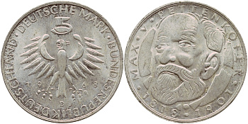ФРГ 5 марок 1968 D, 150 лет со дня рождения Макса фон Петтенкофера J. 398, KM 123.1 серебро aUNC 1529-214