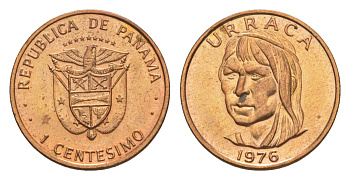 Панама 1 сентесимо 1976 редкий год, Уррака KM 33 цинк плакированный медью BU 4643-1228