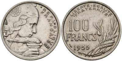 Франция 100 франков 1955 тип COCHET (кокетка) KM 919.1 медно-никель    4153-514