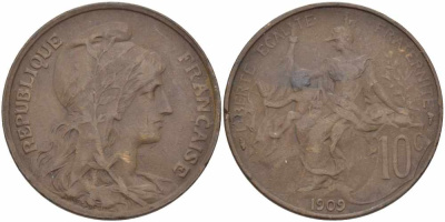 Франция 10 сантимов 1909 тип Дюпюи KM 843, LA FRANC 136.19 бронза 109-241
