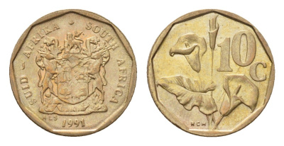 ЮАР 10 центов 1991 герб, цветок алоэ KM 135 сталь плакированная бронзой UNC 4694-642