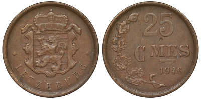 Люксембург 25 сантимов 1946 Шарлотта (1918-1964) KM 45 бронза 4164-355