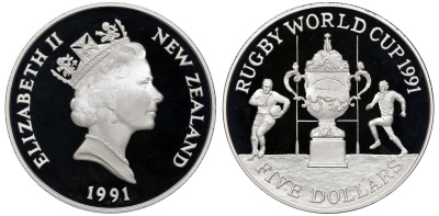Новая Зеландия 5 долларов 1991 чемпионат по регби среди стран Содружества, с сертификатом KM 80а серебро PROOF 5-4-5-24