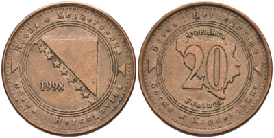 Босния и Герцеговина 20 фенигов 1998 KM 116 сталь плакированная медью 4573-641