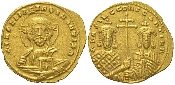 Византийская Империя тетартерон номисма 977-989 Василий II Болгаробойца с Константином VIII, образ Христа/императоры с патриаршим крестом, Константинополь, 4,11 гр Sear 1802 золото 00-00