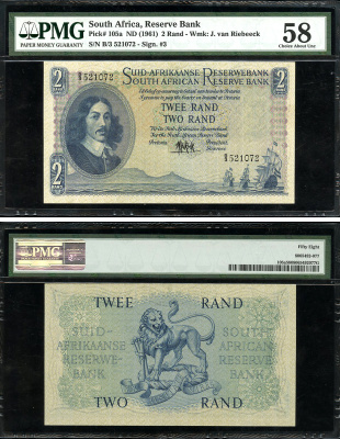 ЮАР 2 ранда ND (1961) Бартоломеус Вермуйден, лев, африкаанс-английский, в слабе PMG 58 Choice About Uncirculated Pick 105 a бумага  aUNC  452-1-22