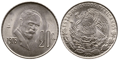 МЕКСИКА 20 СЕНТАВО 1976 КМ 442 медно-никель UNC 56-916