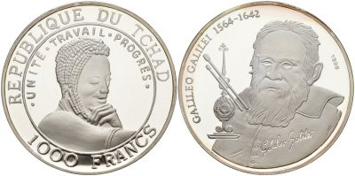Чад 1000 франков 1999 Галилео Галилей (1564-1642) KM 16 серебро PROOF 00-000-00