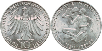 ФРГ 10 марок 1972 G, XX летние Олимпийские Игры, Мюнхен 1972, спортсмены KM 132, J. 403 серебро aUNC 1522-415
