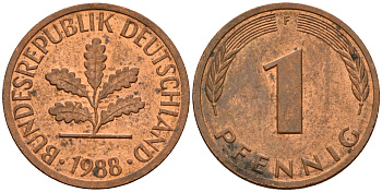 ФРГ 1 пфенниг 1988 F KM 105, J. 380 сталь плакированная медью    4598-646