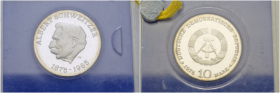 ГДР 10 марок 1975 А, 100 лет со дня рождения Альберта Швейцера, в оригинальной коробке с пломбой, тираж 1040 экземпляров J 1554 R, KM 56 серебро PROOF 10-003-07