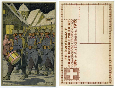 ШВЕЙЦАРИЯ ОТКРЫТКА 1914-1915 I-АЯ МИРОВАЯ ВОЙНА, МАРШ СОЛДАТ ПОД БАРАБАН бумага 2193-28