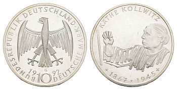 ФРГ 10 марок 1992 G, 125 лет со дня рождения Кете Кольвиц KM 178 серебро UNC 4634-1014