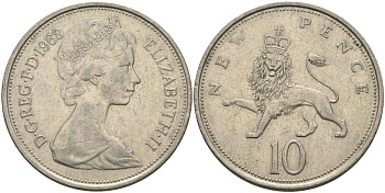 Великобритания 10 пенсов 1968 Елизавета II (1952-2022) KM 912, Spink 4231 (F1) медно-никель 4683-415