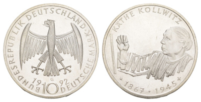 ФРГ 10 марок 1992 G, 125 лет со дня рождения Кете Кольвиц KM 178 серебро UNC 4634-1014