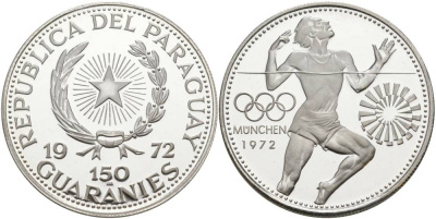 ПАРАГВАЙ 150 ГУАРАНИ 1972 ОЛИМПИЙСКИЕ ИГРЫ В МЮНХЕНЕ 1972 ГОДА, БЕГ, ТИРАЖ 10000 ЭКЗ. KM 32 серебро PROOF 01-172-33