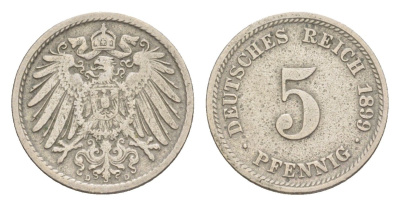Германия 5 пфеннигов 1899 D, Вильгельм II (1888-1918) KM 11, J. 12 медно-никель 4639-1268