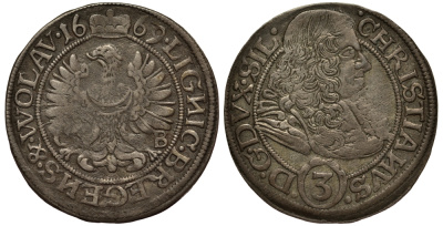 Силезия-Легница-Бжег 3 крейцера 1669 СВ, Кристиан (1639-1673), вес 1,66 гр. Fr.u.S. 1931 серебро 1516-812