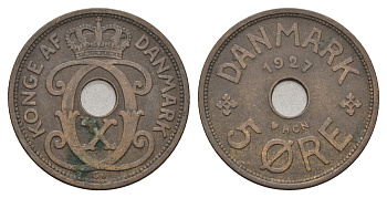Дания 5 эре 1927 NCH, Кристиан X (1912-1947) KM 828 бронза 4700-751