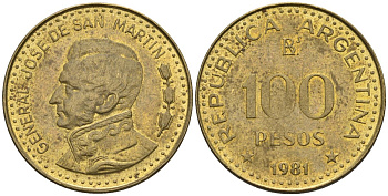 Аргентина 100 песо 1981 Ba, генерал Хосе де Сан Мартин KM 85a, Schon 86a сталь плакированная латунью    60-556